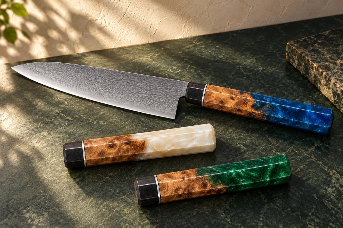 Illustrative Damascus chef’s knife with ocean blue, pearl white and forest green handle options