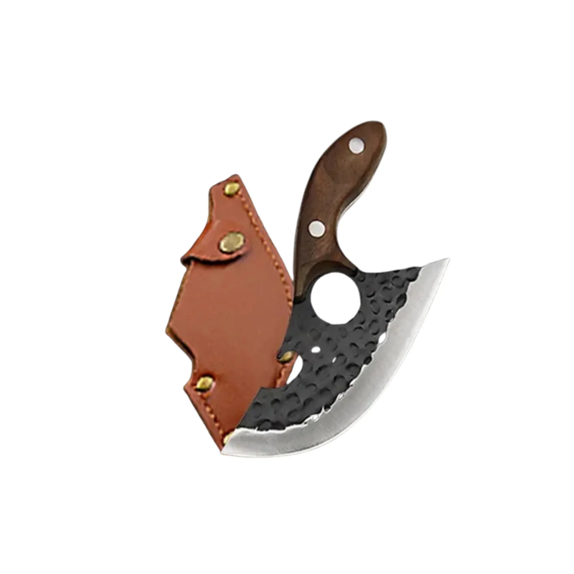Curved kitchen knife with hammered blade, wooden handle, and leather sheath on white background