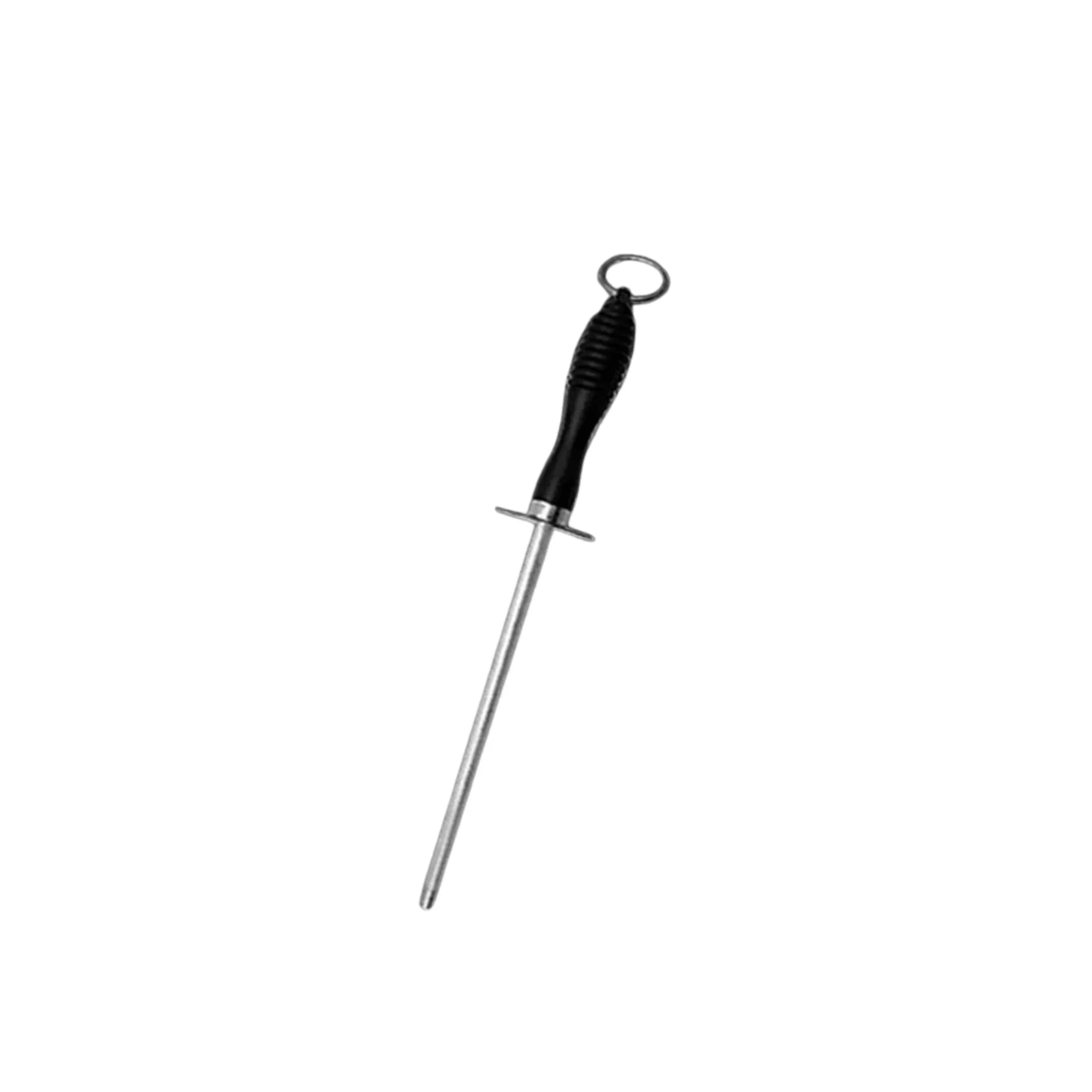 kitchen honing steel with black ergonomic handle on white background