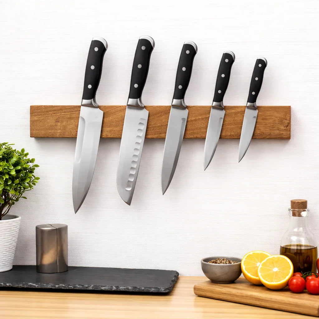 Set of five kitchen knives on wooden magnetic wall strip above counter with herbs and citrus