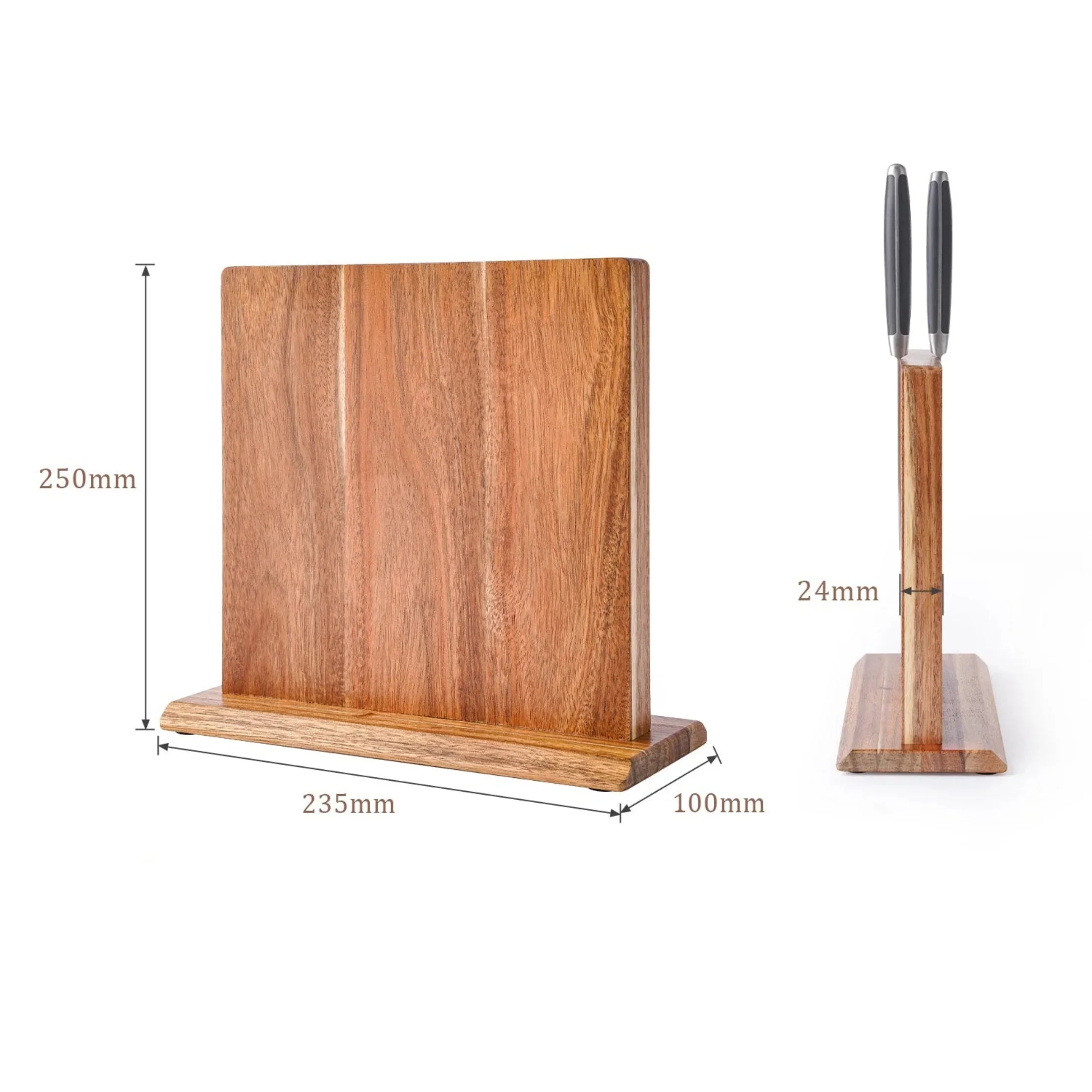 Magnetic wooden knife block holder with measurements for kitchen knife storage