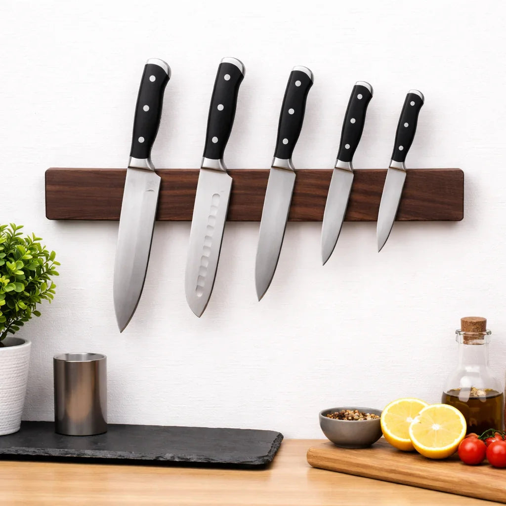 Set of five kitchen knives with black handles on a wooden magnetic wall strip in a modern kitchen