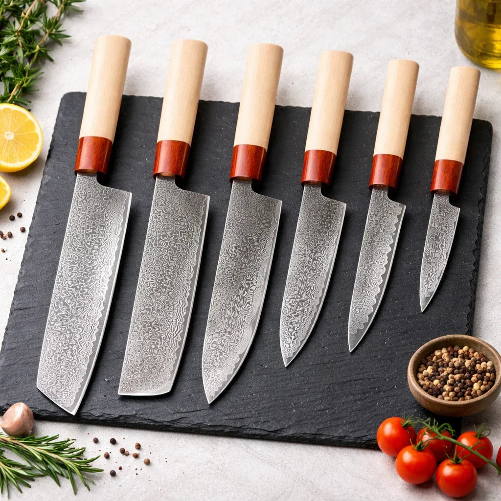 Set of six damascus kitchen knives with light wooden handles on a slate board, surrounded by fresh herbs, lemon, tomatoes, and pepper.