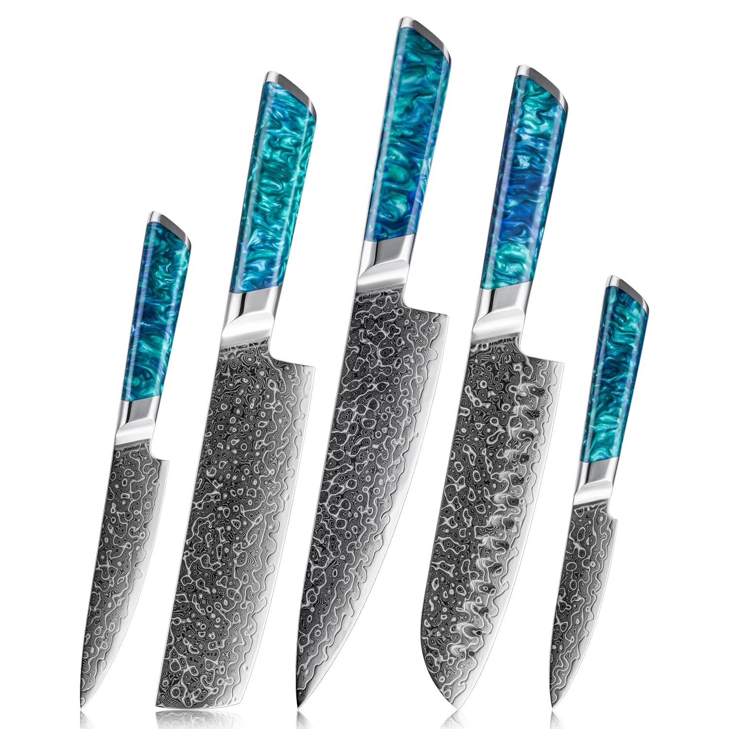 Set of five Damascus steel kitchen knives with blue resin handles on white background
