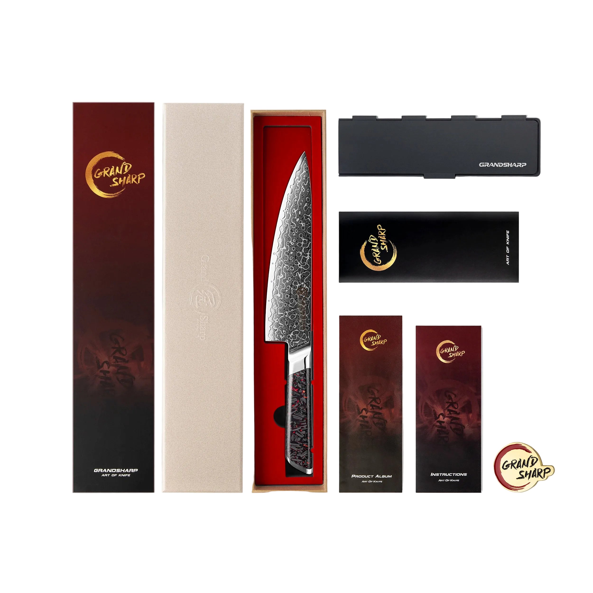 Damascus steel chef knife with patterned blade, red and black handle, and premium gift packaging, shown with instruction cards and storage case.