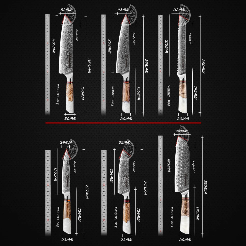 Set of six Japanese-style kitchen knives with sizes, blade angles, and weights displayed on black background