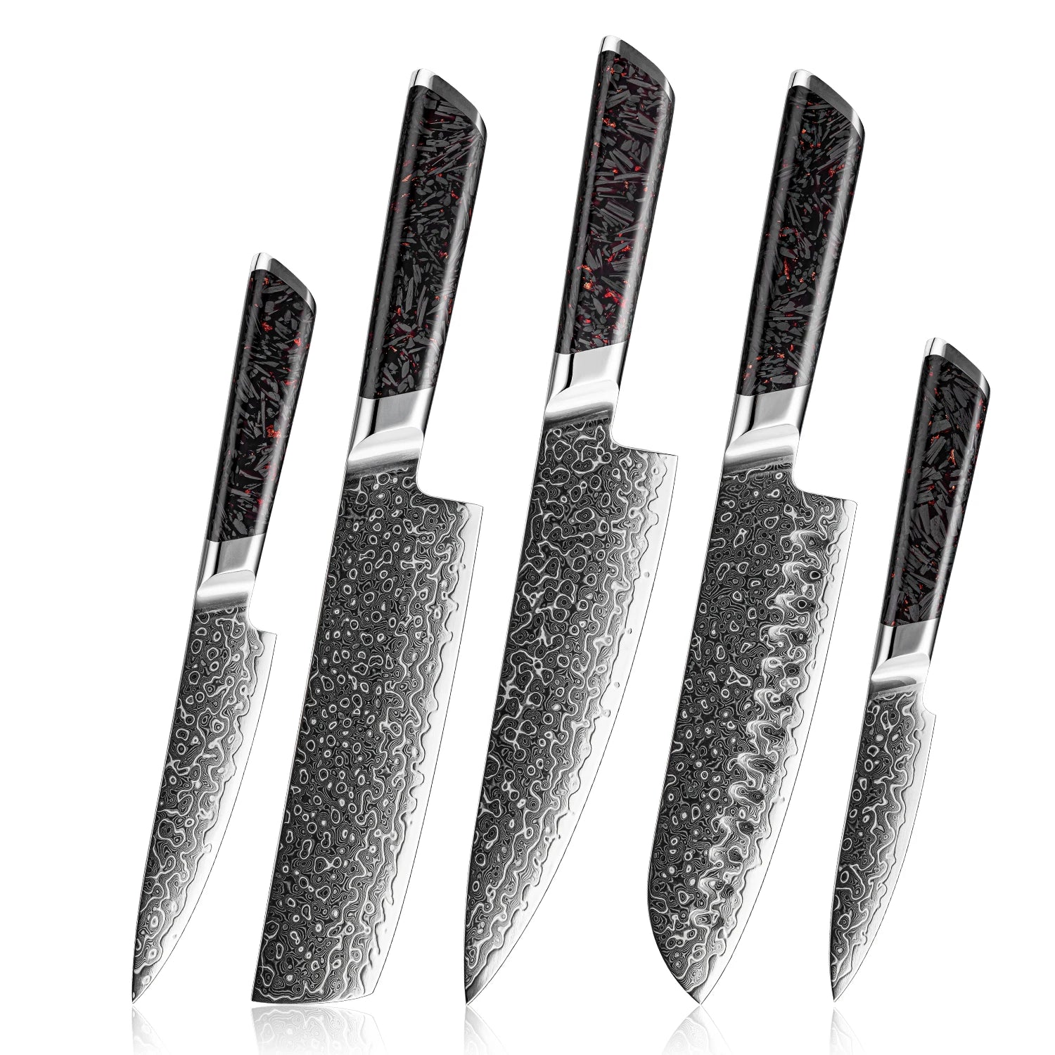 Set of five Damascus steel kitchen knives with black and red textured handles