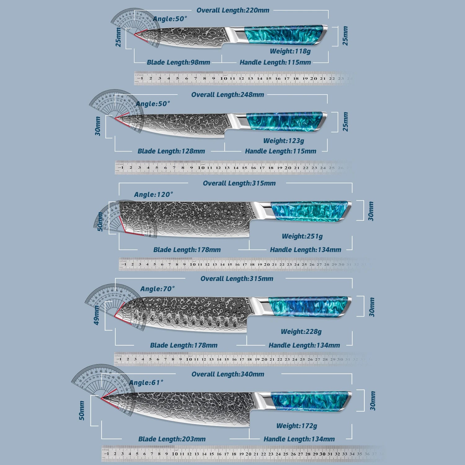 Five Damascus steel kitchen knives with blue handles, labeled with blade angles, dimensions, and weights, displayed with rulers on a light blue background.