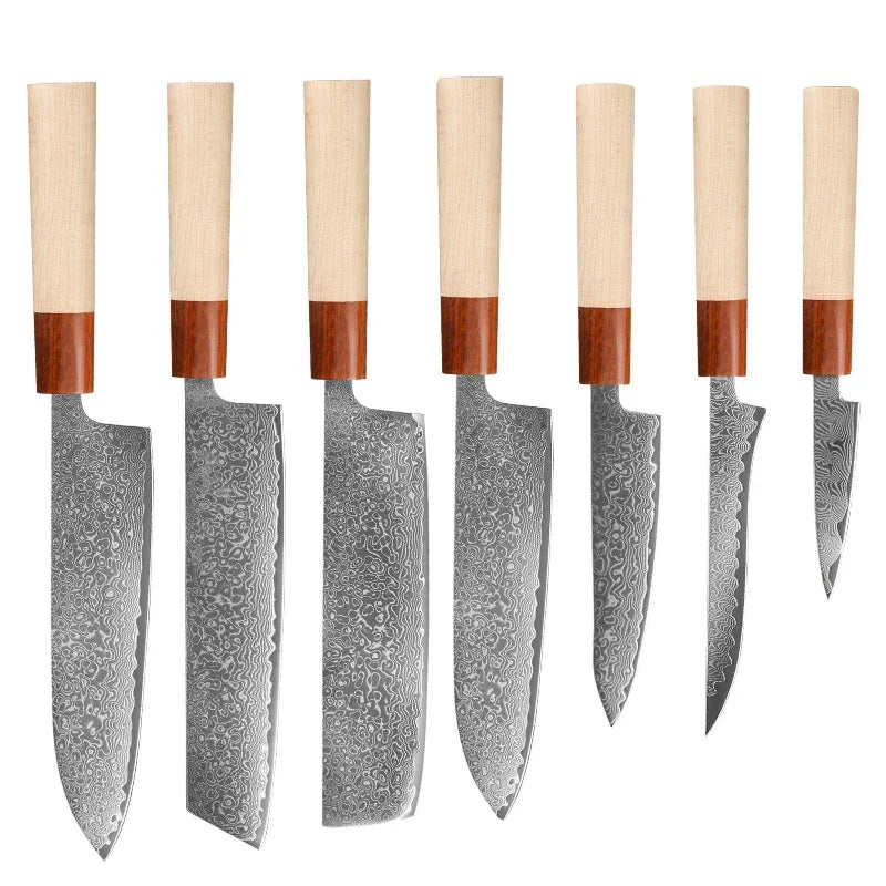 Set of seven Damascus steel kitchen knives with light wood handles on white background