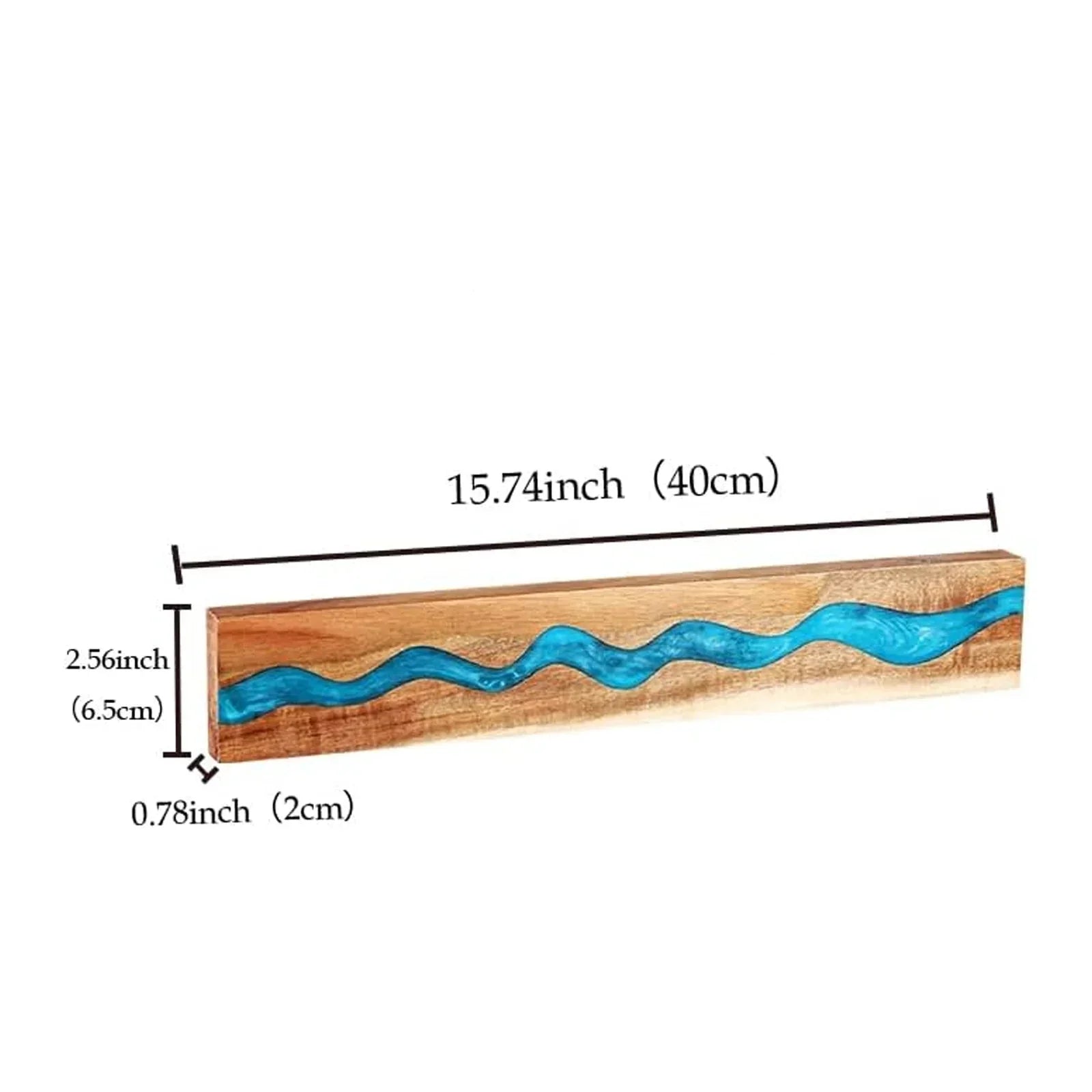 Wooden kitchen knife holder with blue resin inlay, dimensions 40x6.5x2cm shown.