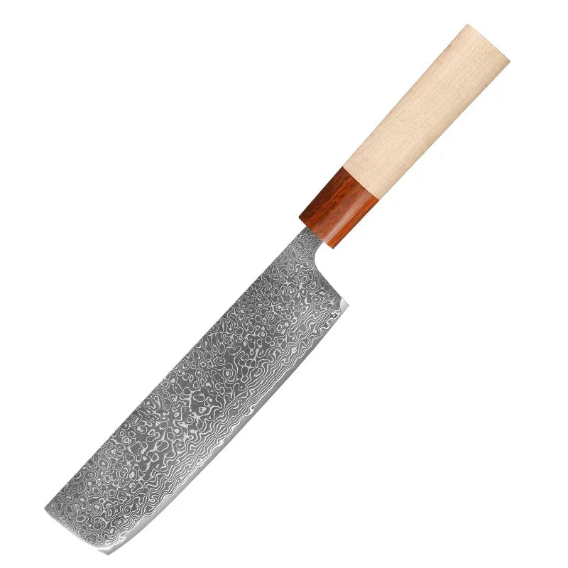 Damascus steel kitchen knife with wood handle, Japanese nakiri style, isolated on white