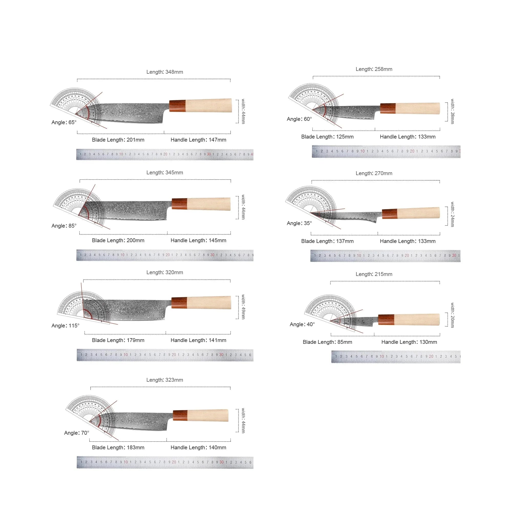 Variety of kitchen knives with wooden handles, blade lengths, and angles measured on rulers