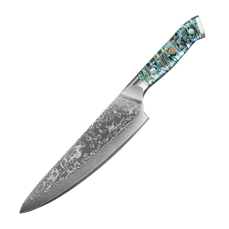Damascus steel chef knife with patterned blade and abalone resin handle on white background