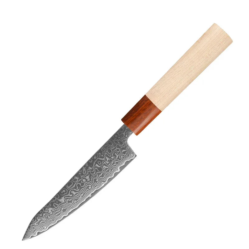 Damascus steel kitchen knife with a patterned blade and wooden handle on white background