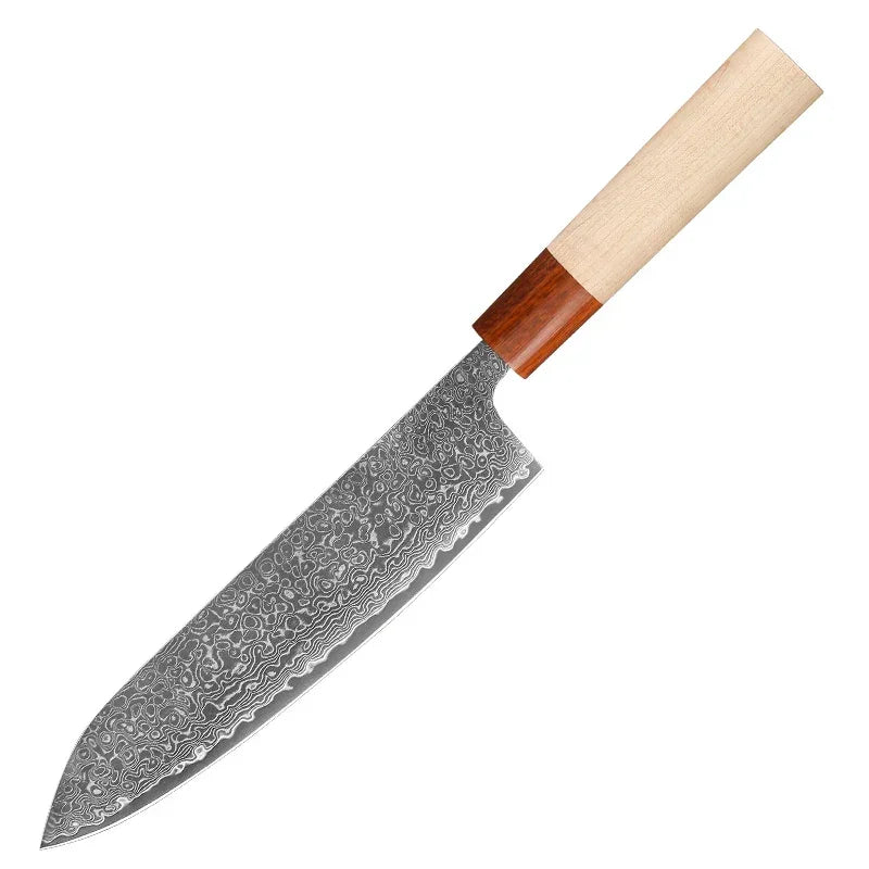 Damascus chef knife with patterned blade and light wooden handle on white background