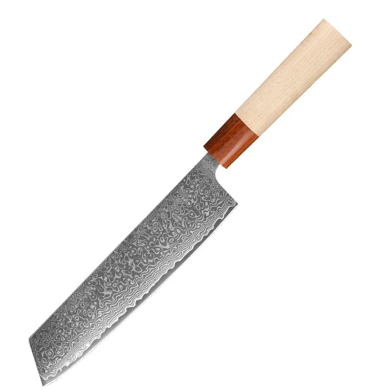 Damascus steel Japanese kitchen knife with a patterned blade and light wood handle
