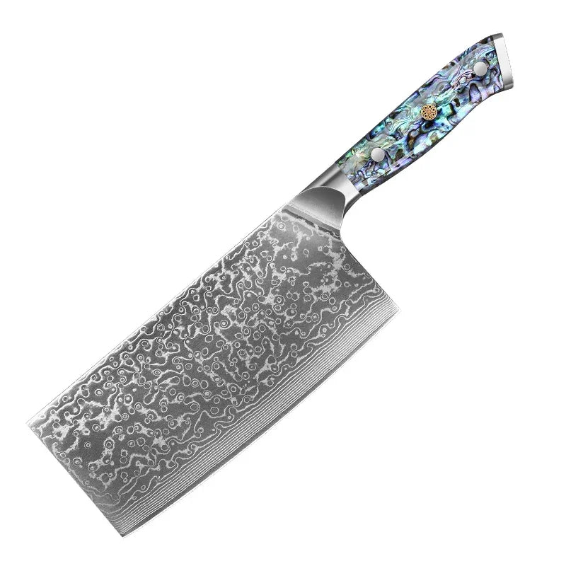 Damascus steel vegetable cleaver with patterned blade and blue abalone resin handle
