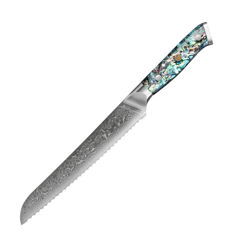 Damascus steel bread knife with serrated blade and abalone-patterned handle on white background