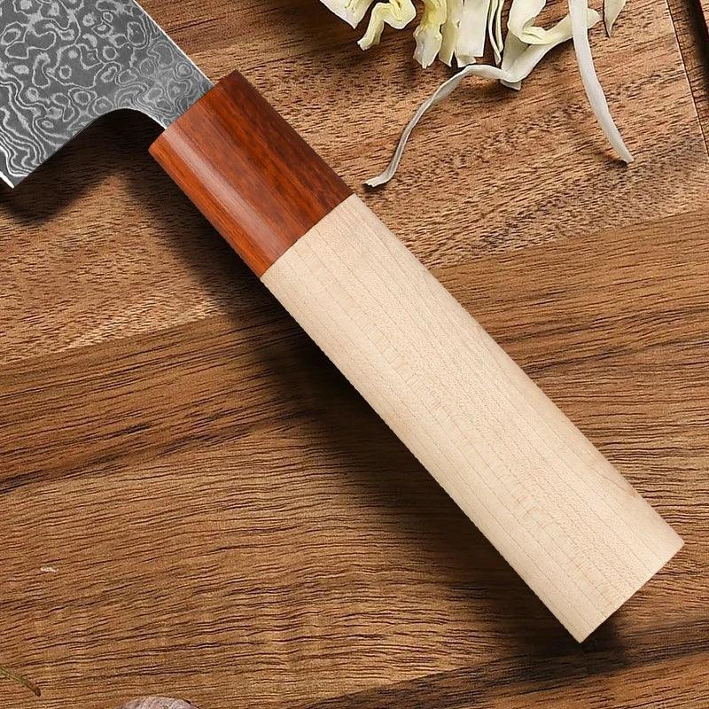 Close-up of Japanese chef knife with Damascus steel blade and wooden handle on cutting board