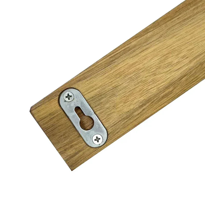 Close-up of wooden knife rack with metal wall-mount keyhole slot