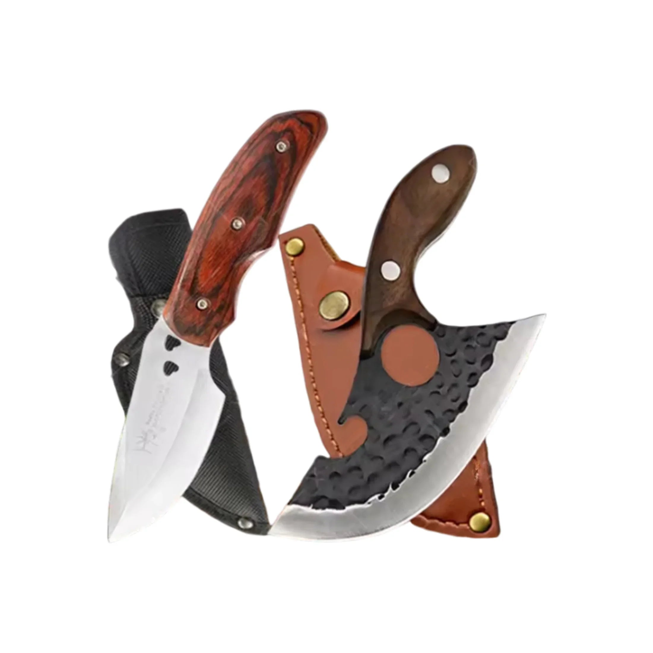 Two precision kitchen knives with wooden handles and leather sheaths on white background
