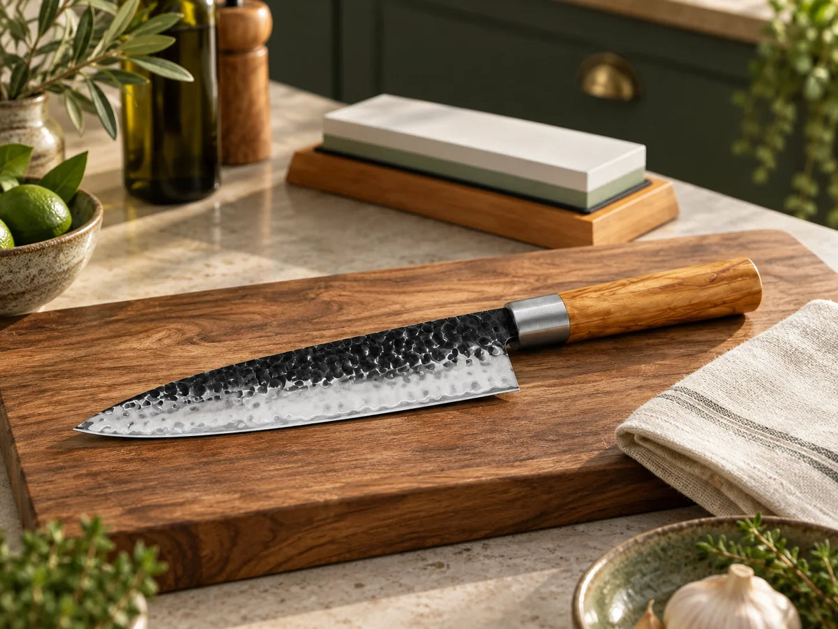 Kanso chef’s knife on a dry wooden chopping board beside a linen cloth and whetstone