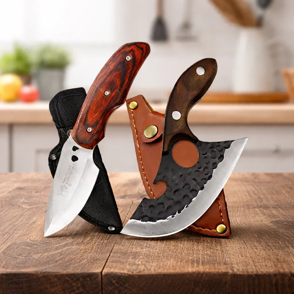 Two handcrafted kitchen knives with wooden handles and leather sheaths on a wooden countertop