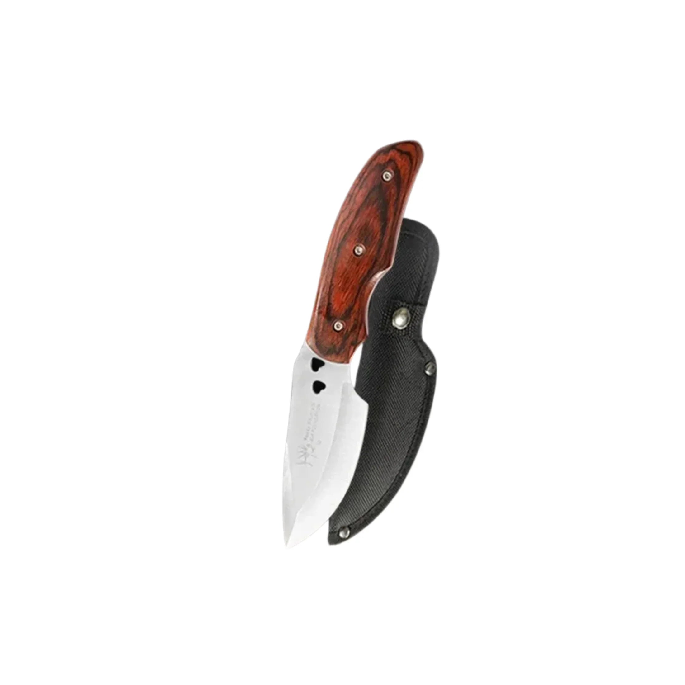 Stainless steel kitchen knife with wooden handle and black sheath on white background