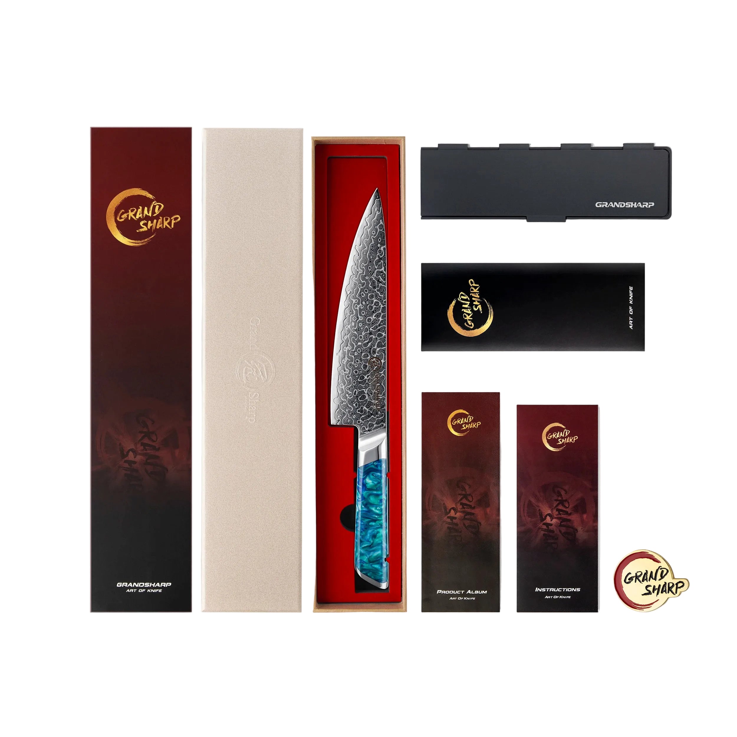 Damascus chef knife with blue handle in gift box set, kitchen knife packaging and accessories