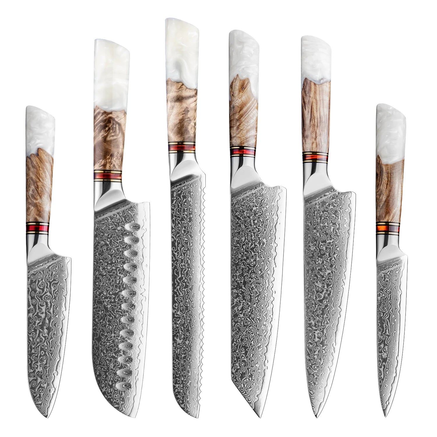 Set of six Damascus steel kitchen knives with marbled resin and wood handles on white background