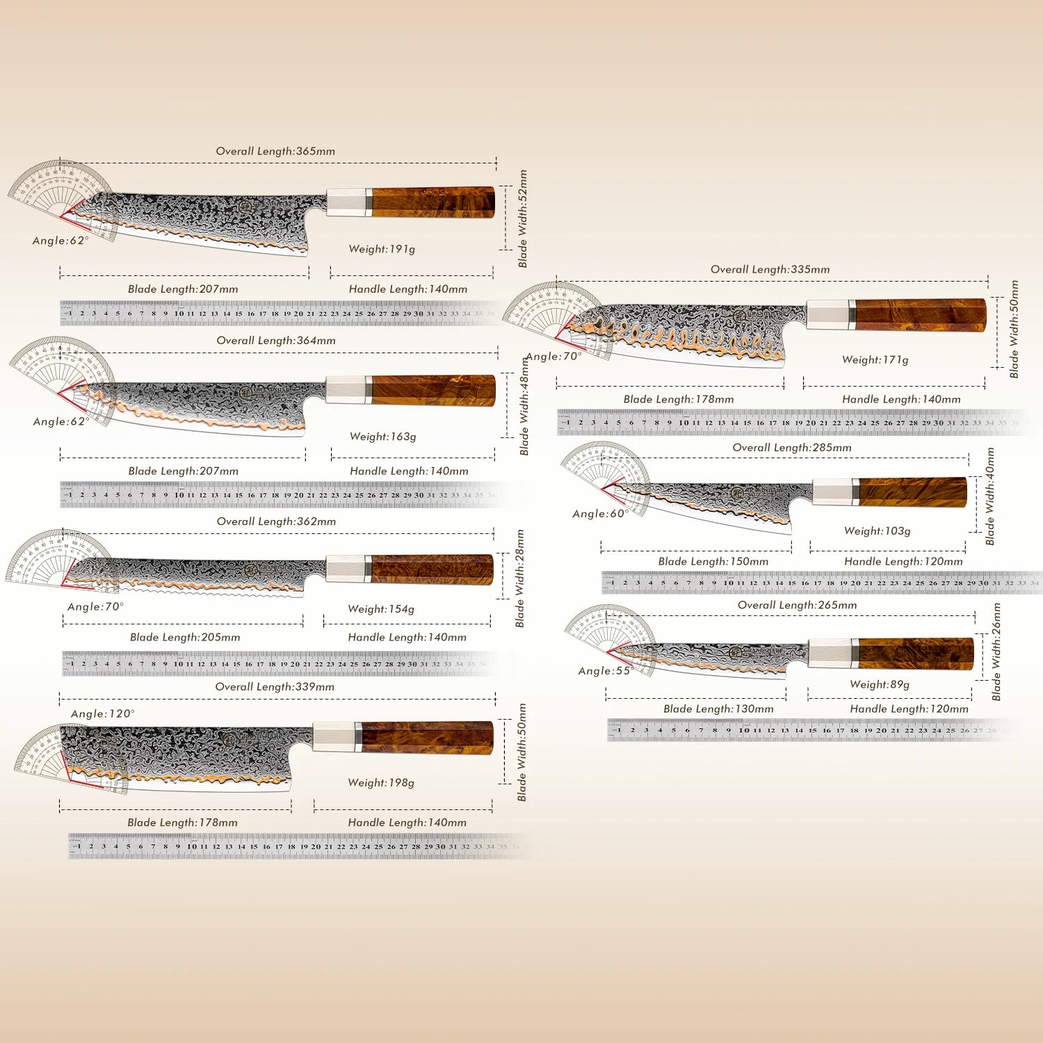 Various Japanese kitchen knives with measurements, blade angles, and wooden handles displayed.