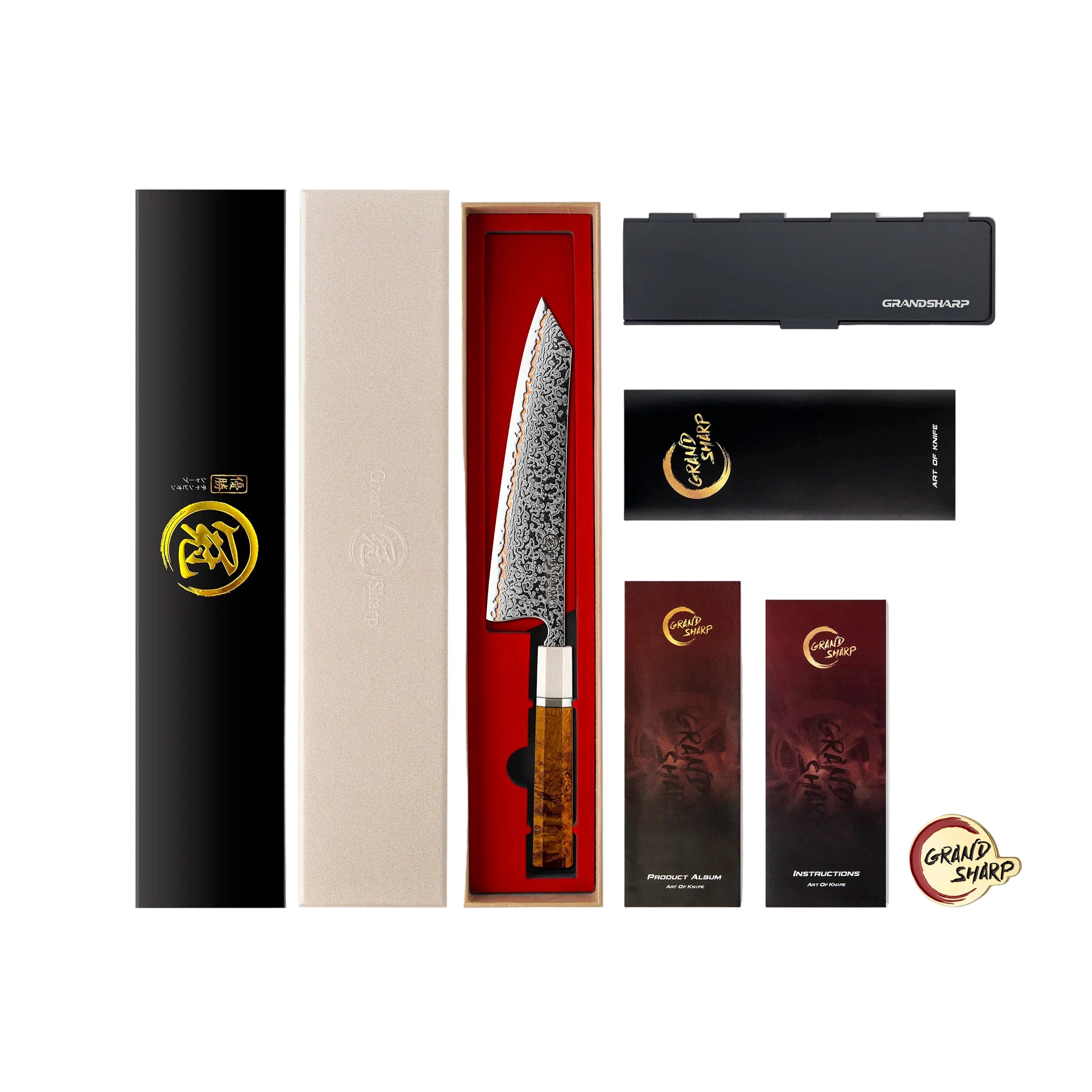 Damascus chef knife with wooden handle in gift box, storage sheath, product cards, and logo sticker