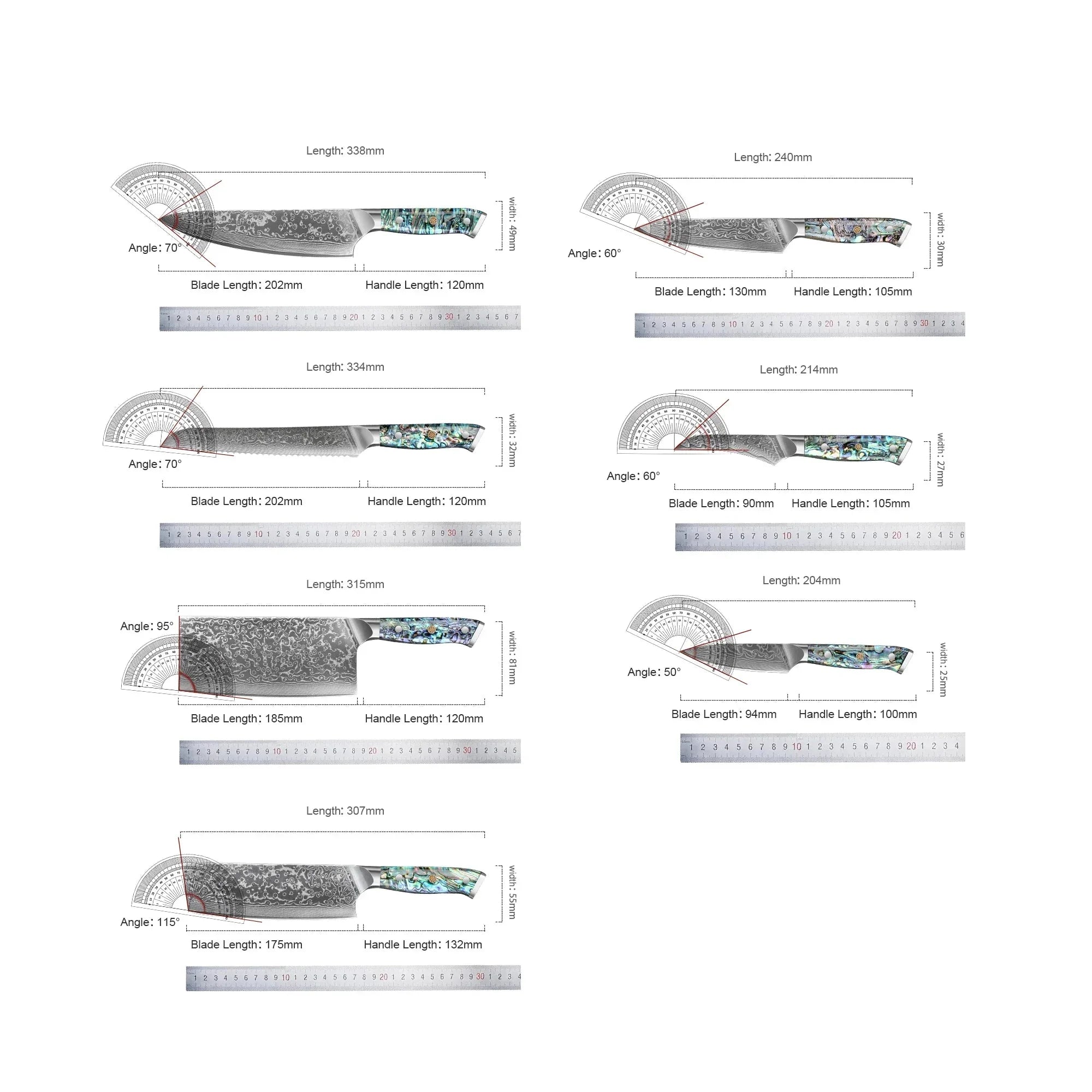 Diagram comparing seven kitchen knives with blade lengths, handle measurements, and angles.