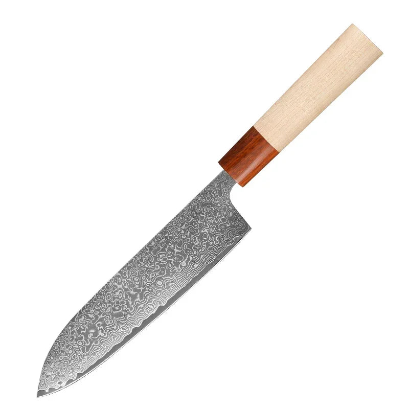 Damascus steel chef knife with pattern blade and light wood handle on white background
