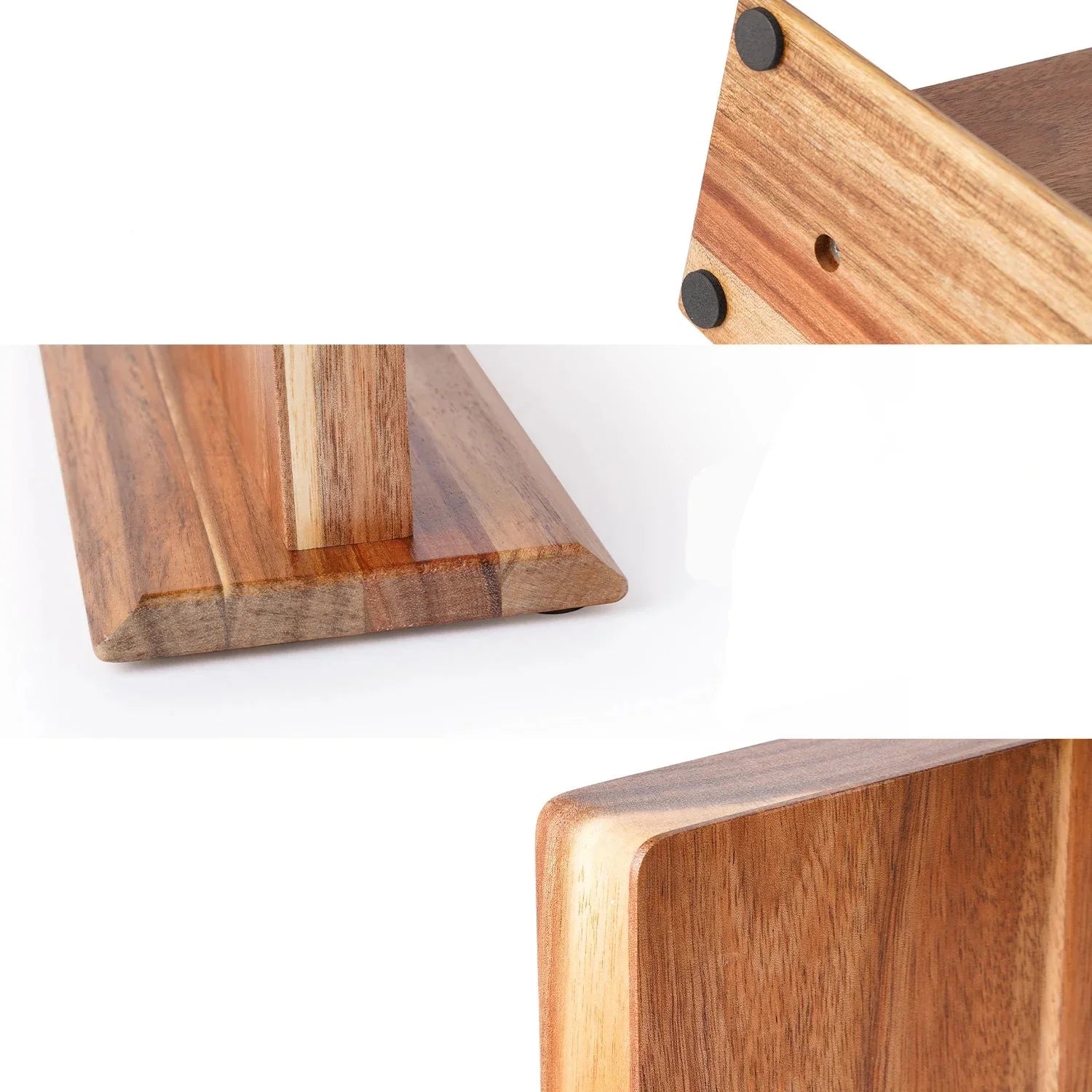 Close-up of wooden kitchen knife holder with smooth finish and non-slip base.