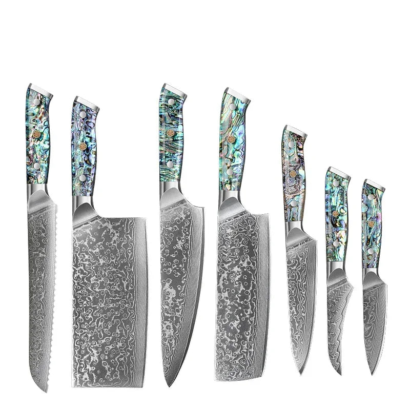 Set of seven kitchen knives with damascus-pattern blades and abalone-style handles