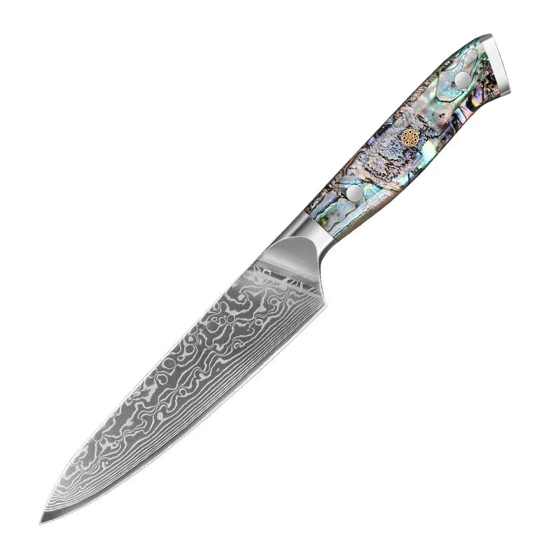 Damascus steel kitchen knife with patterned blade and abalone shell handle on white background