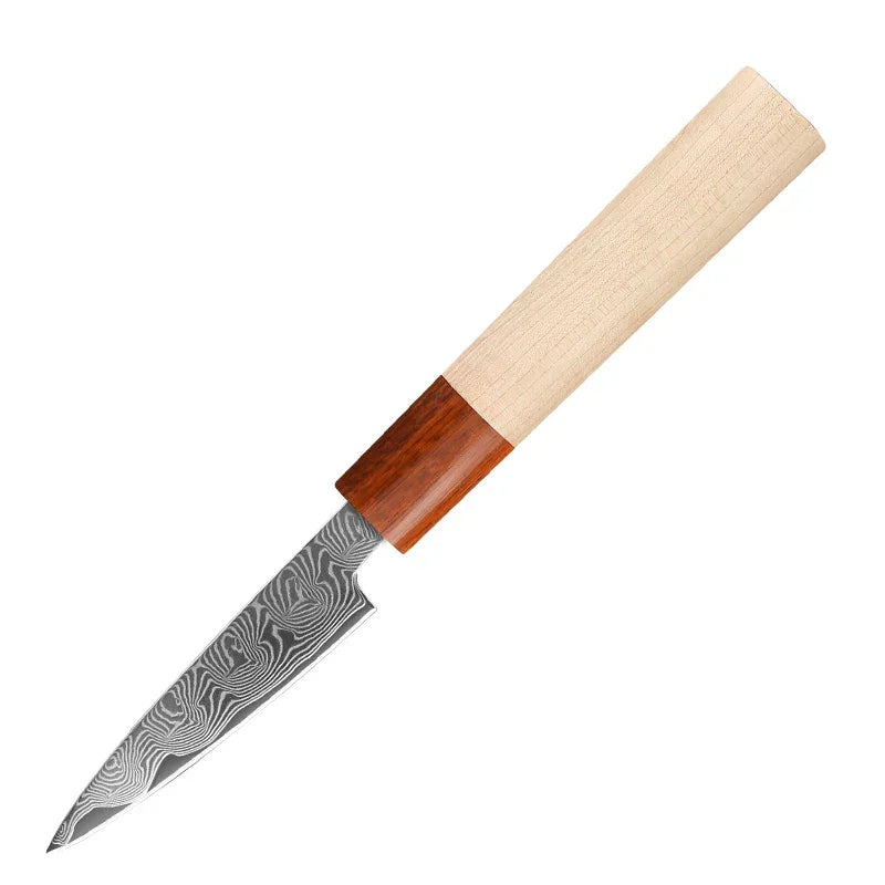 Damascus steel paring knife with wooden handle, precision kitchen knife on white background