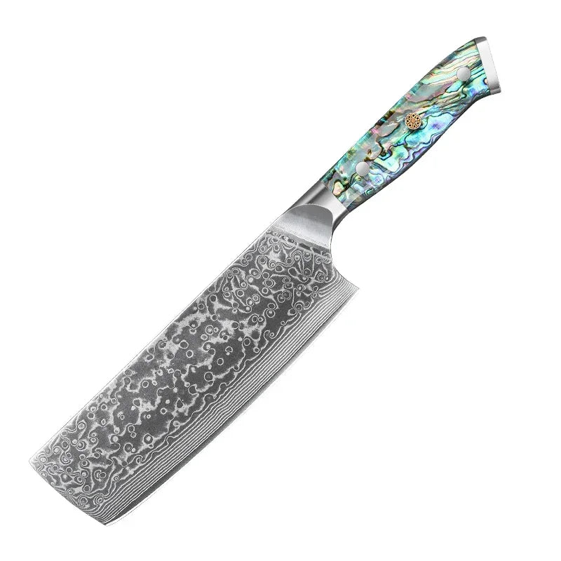 Damascus steel kitchen knife with patterned blade and abalone shell handle