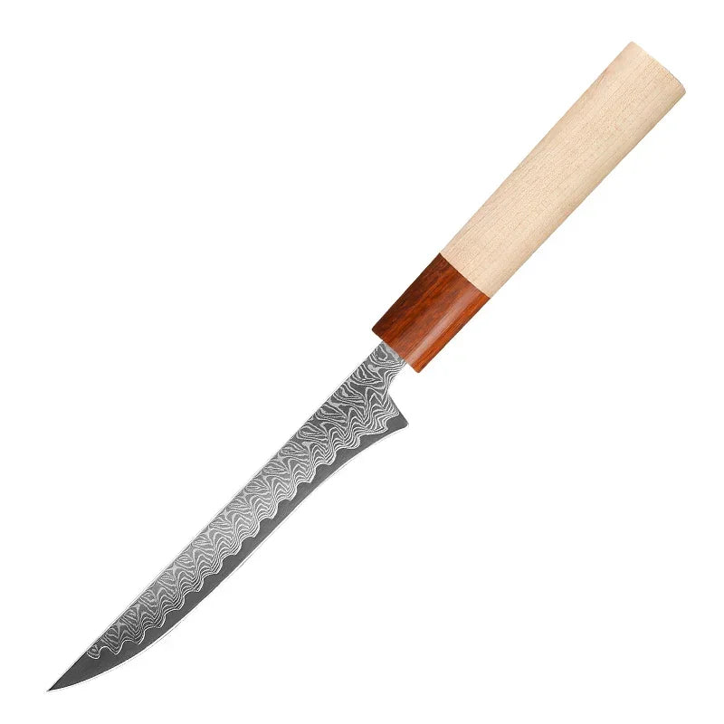 Japanese-style kitchen knife with Damascus steel blade and wooden handle on white background